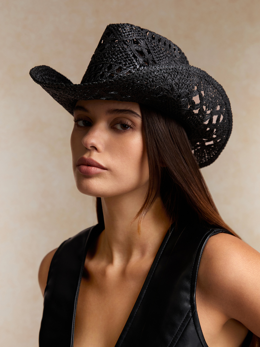 Black Woven Hollow-Out Boho Co - Cowboy Hat Straw recensione e prezzo